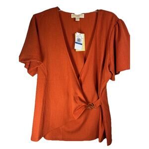 Michael Kors Sienna Rust Orange Faux Wrap Top Size XL New With Tags Gold Buckle